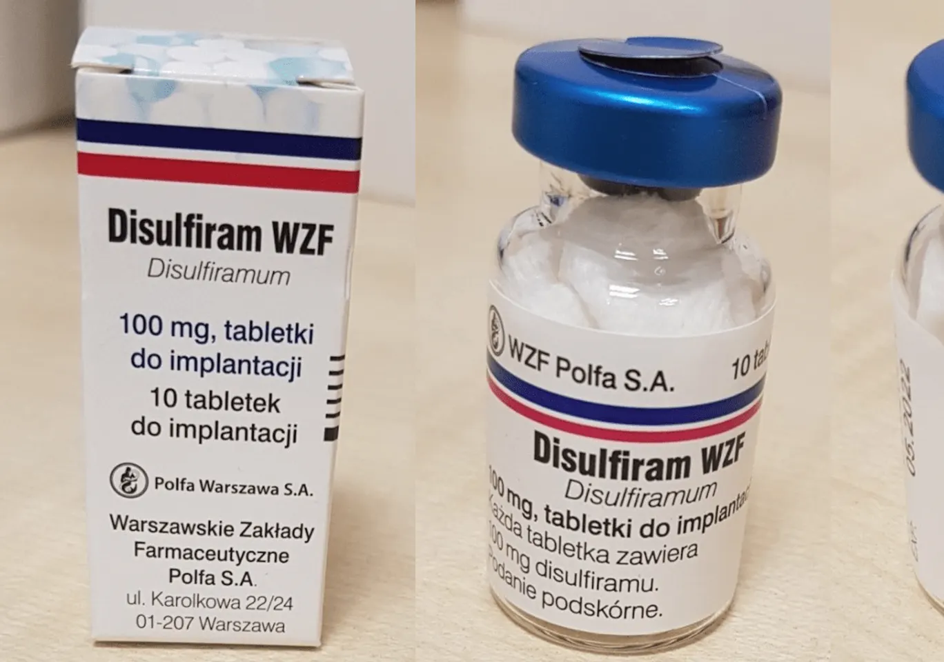 Wszywka alkoholowa Esperal Pasłęk: fiolka disulfiramu obok opakowania leku